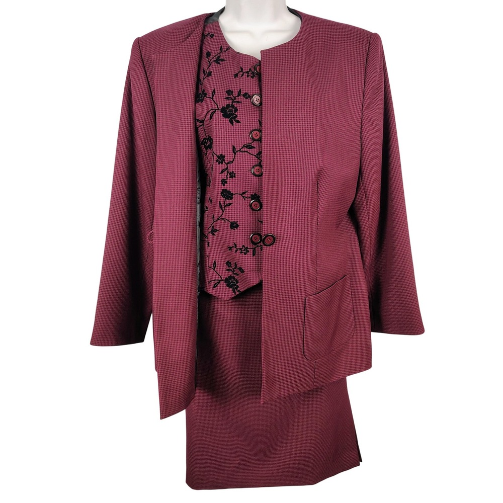 Sag Harbor Womens SZ 16 Skirt Suit Set Burgundy Houndstooth Floral Dark Academia